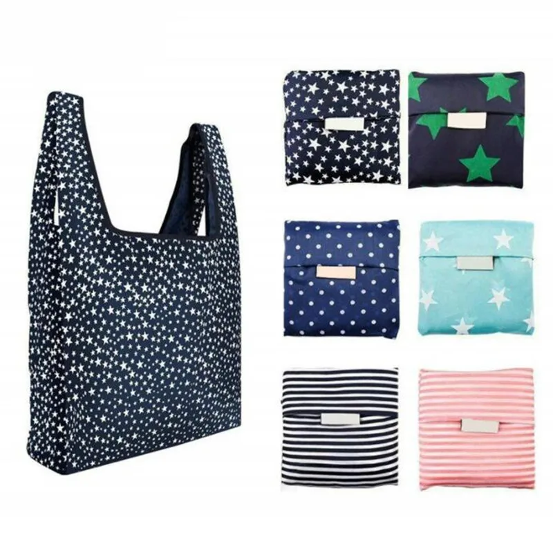 Portable Reusable Shopping Bag Sweet Striped Dots Large-capacity Grocery Tote Pouch Eco Bags Folding Storage Convenient Handbags