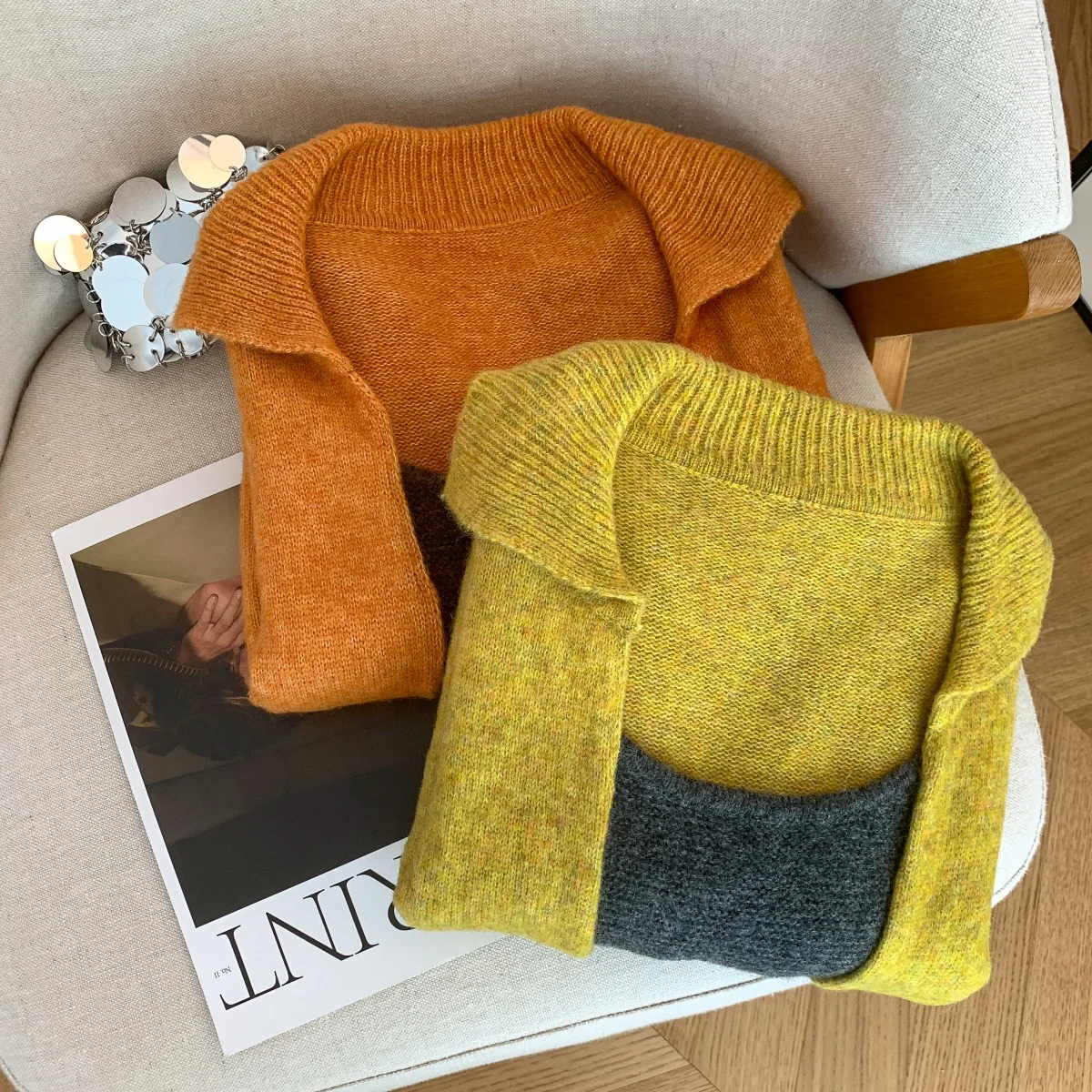 Women's Yellow Pullover Korean Sweater Vintage 2000s Y2k Jumper Knitwear Long Sleeves V-Neck Korean Style Sweater Spring Autumn