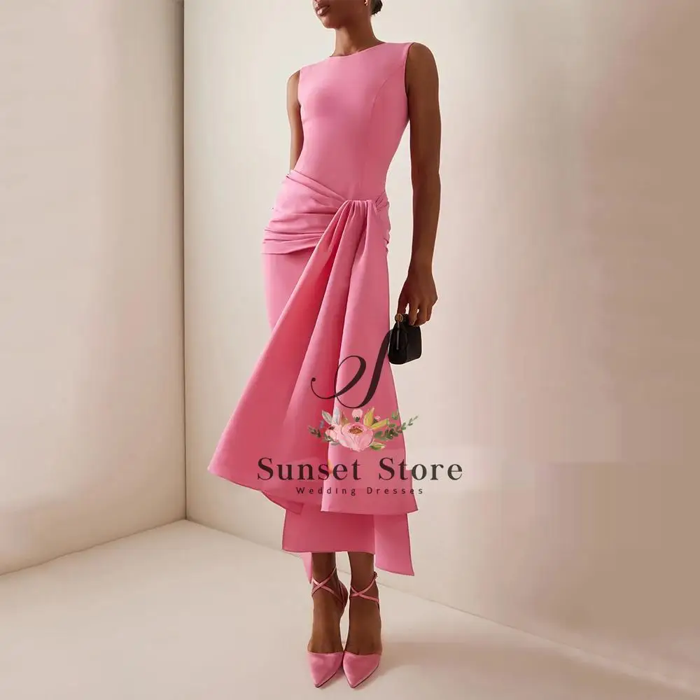 

Customized Cocktail Dresses Pink O Neck Criss-Cross Pleated Draped Column Cocktail Gowns for Women Tea Length Party Dress
