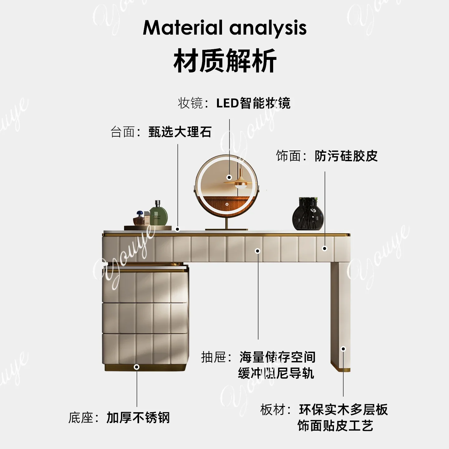 

XM Light Luxury Dresser Bedroom Modern Marble Italian Minimalist High-end Makeup Table Solid Wood Chest Integrated