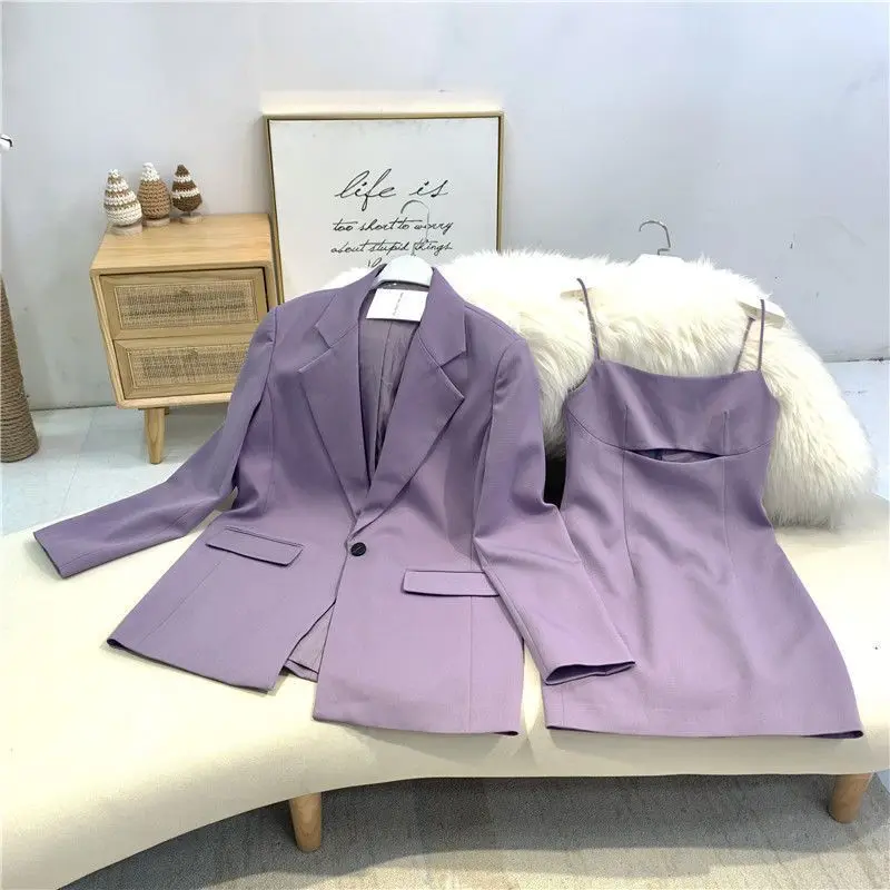 Traje de moda coreana para mujer, conjunto de dos piezas, abrigo y Vestido con tirantes púrpura, Blazer informal holgado, minifalda, Otoño, 2022