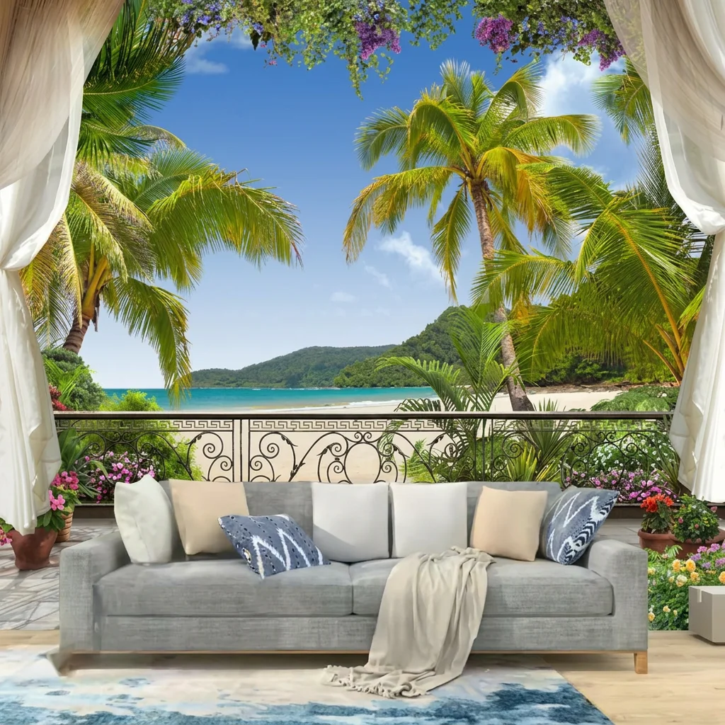 Tropical island resort scenery, balcony view, background wall for living room and bedroom, self-adhesive material.