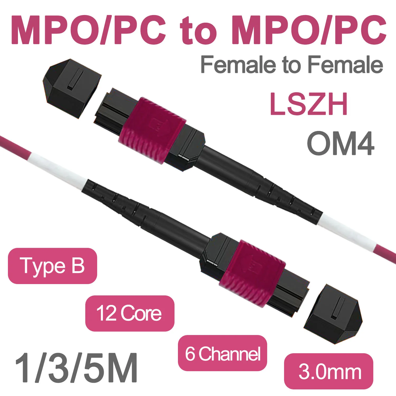 OM4 MPO Fiber Optic Patch Cable,12Core 6 Channel Type B, Multi-Mode Jumper, Female to Female,  LSZH 3.0mm PC