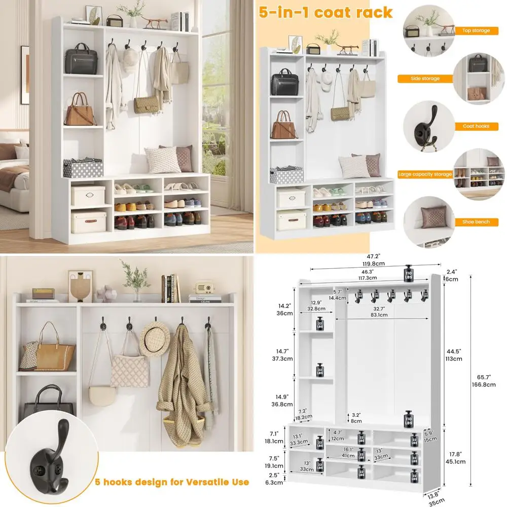 مقعد مدخل متعدد الوظائف 5 في 1 مع مساحة تخزين الأحذية ورف المعاطف وخطافات تعليق للتنظيم الأنيق