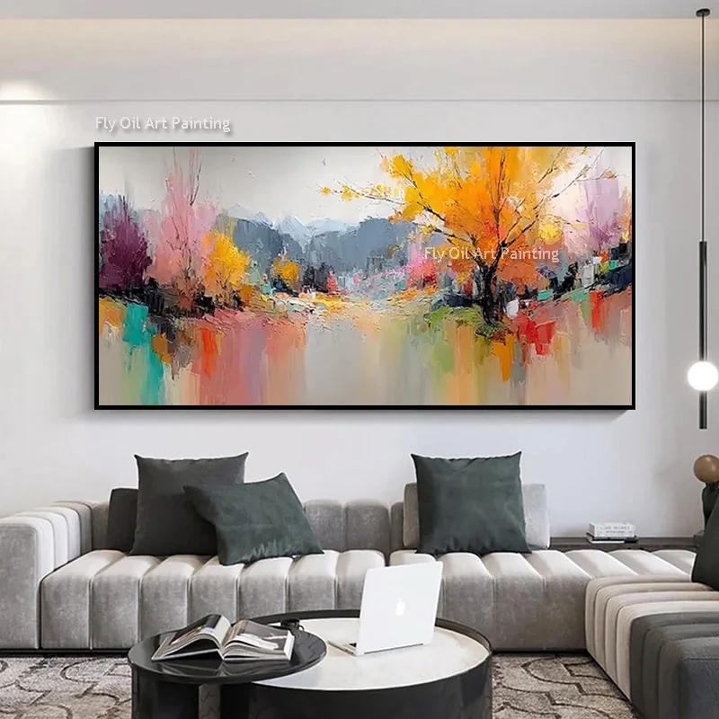 Vibrant Fall Forest Reflection Scenery Hand Painted Impressionist Landscape Oil Painting Large Colorful Shadow Wall Art Decor