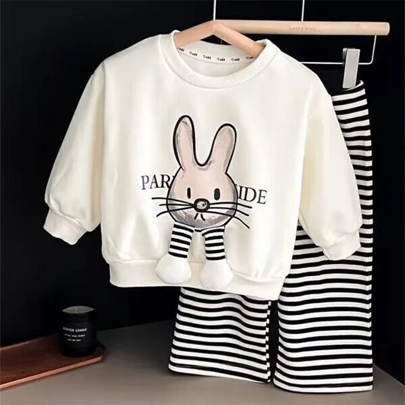 Children\'s Cartoon Rabbit Suit Girls Casual Cute Suit Spring And Fall New Children\'s Sweater Striped Pants Two-Piece Set 2-8Y