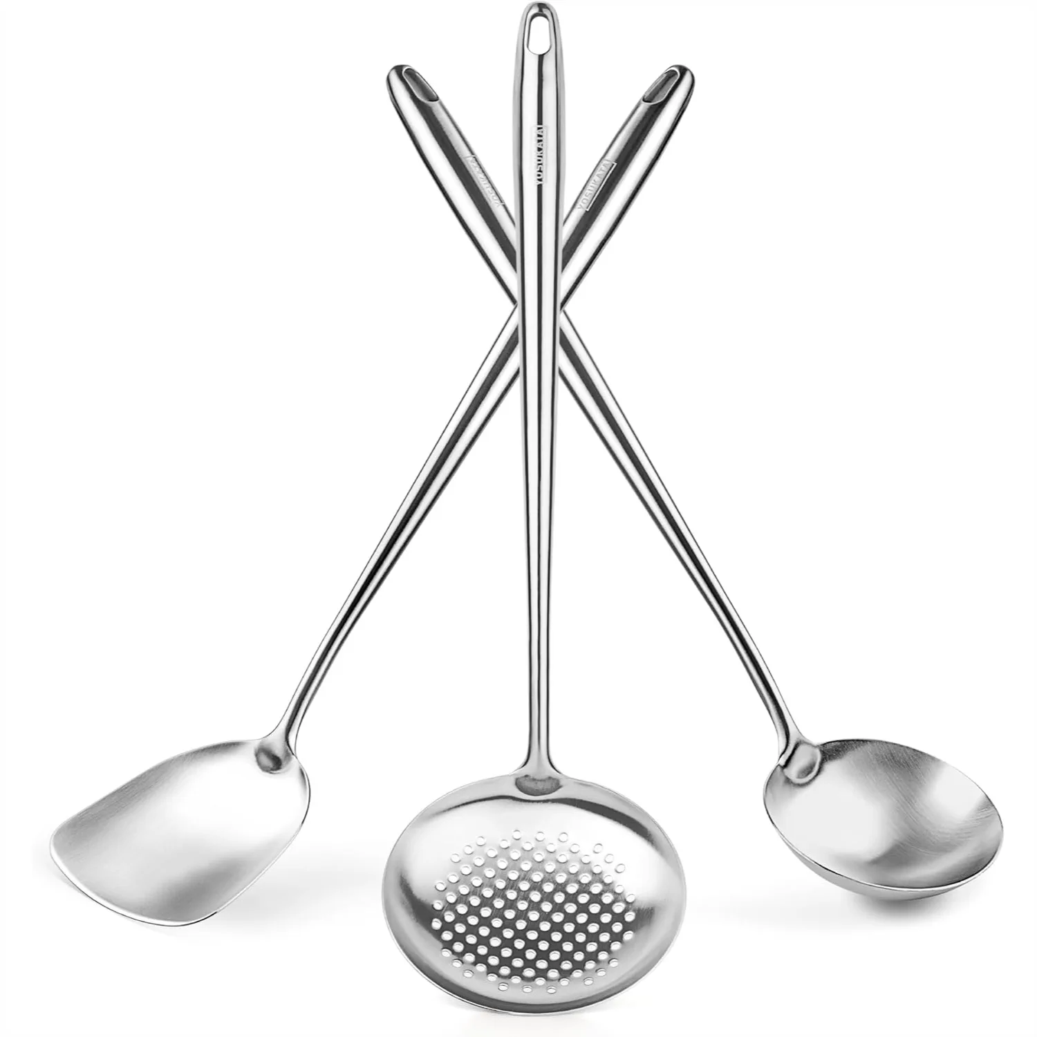 

17" Stainless Steel Wok Utensils Set of 3 - Ladle, Spatula & Skimmer for Stir-Frying