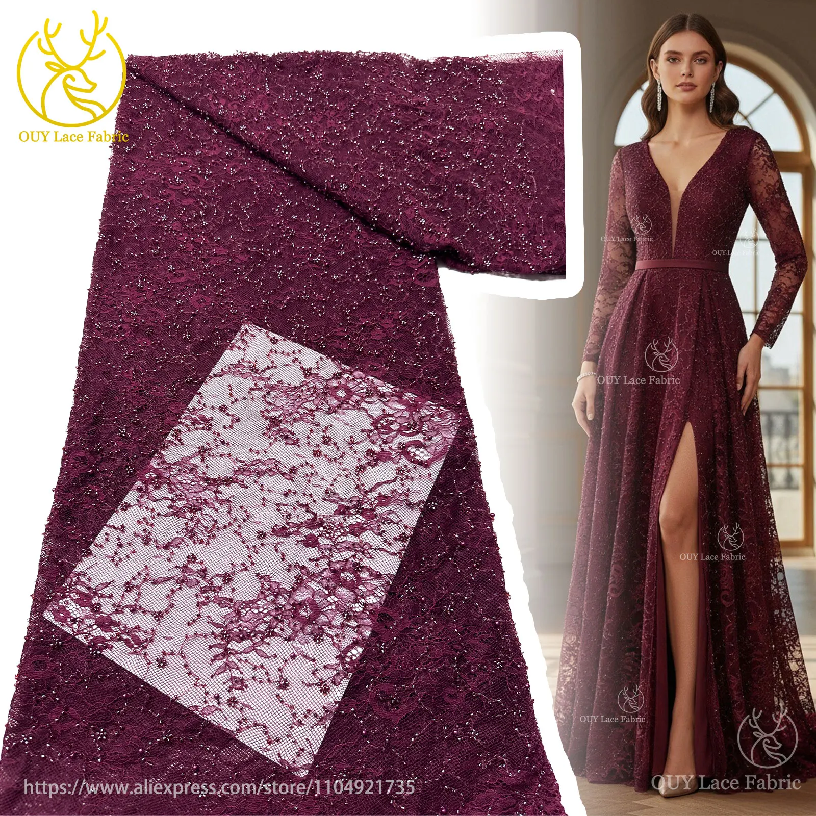 African Beaded Lace Fabric 2025 High Quality Lace French Mesh Beaded Decoration Nigerian Swiss Lace Fabric Bridal Party Dresses