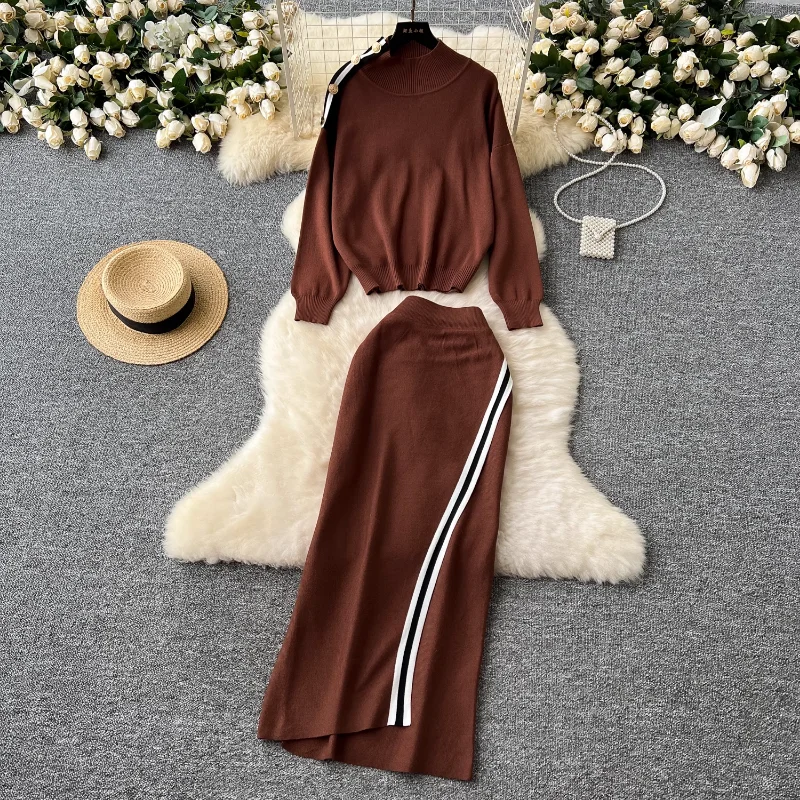 REALEFT Autumn Winter 2 Pieces Women\'s Sets Knitted Tracksuit Stand Collar Sweater and Sheath Wrap Skirts Suits 2024 New