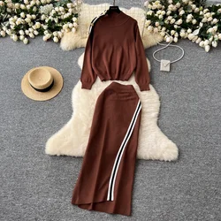 REALEFT Autumn Winter 2 Pieces Women's Sets Knitted Tracksuit Stand Collar Sweater and Sheath Wrap Skirts Suits 2024 New