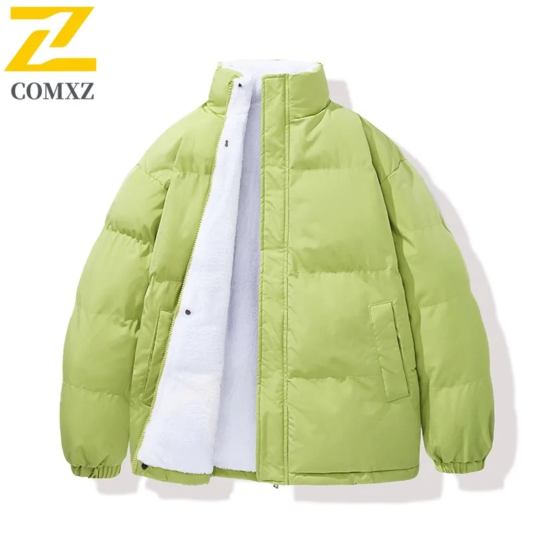 

COMXZ 2025 Мужская утолщенная бейсбольная куртка из шерпа, зимняя водонепроницаемая ветрозащитная куртка с воротником-стойкой в корейском стиле, модное однотонное пальто