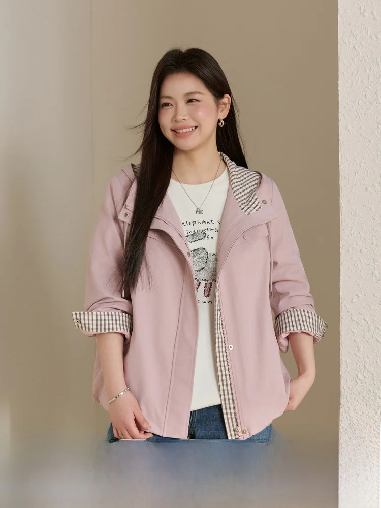 

Fashionable Plaid Hooded Jacket Casual Versatile plus Size Women's Outerwear Spring New Arrival Korean Style Slim Fit Coat