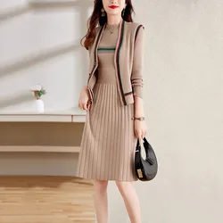 2024 Autumn And Winter New Style Two-Piece Suit Knitted Dress +Sleeveless Vest Loose Thin Temperament Over The Knee Sweater Suit