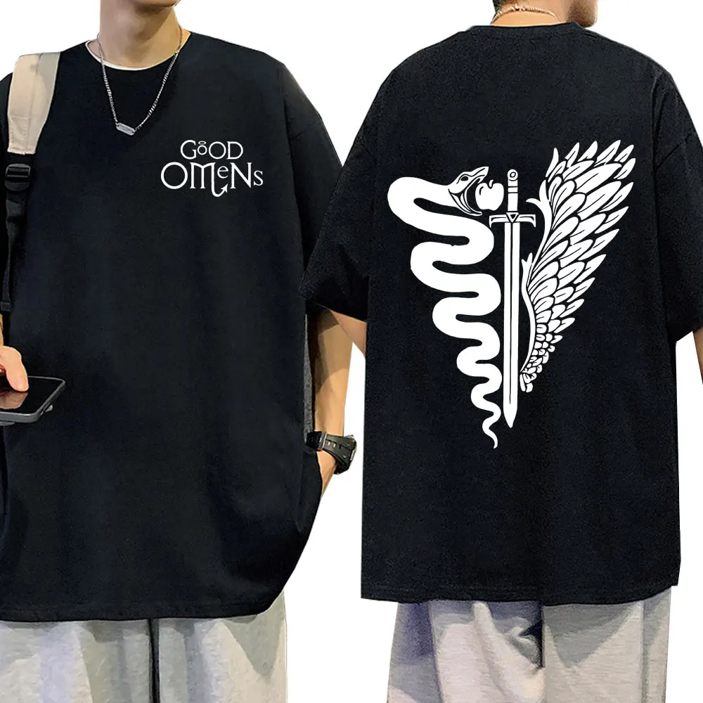 

TV Play Good Omens Print T Shirts Men Women Fashion Vintage Oversized T-shirts Summer 100% Cotton T-shirt Harajuku Streetwear