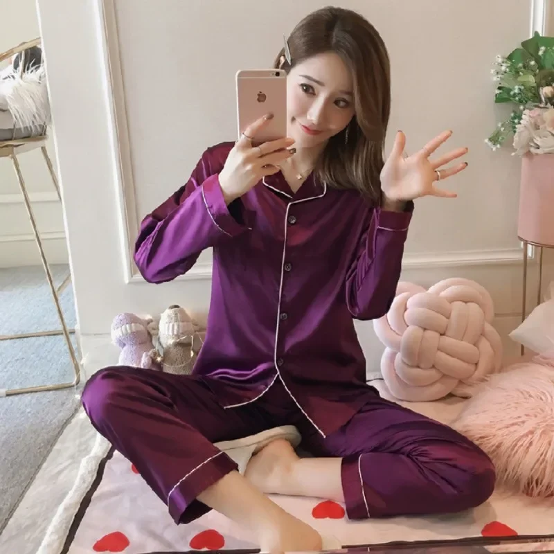 

Pajamas Sets for Women 2025 Sexy Silk Women Pijama Sets Sleepwear Long-sleeve Cardigan Set Female Ice Silk Pyjamas Home Clothing