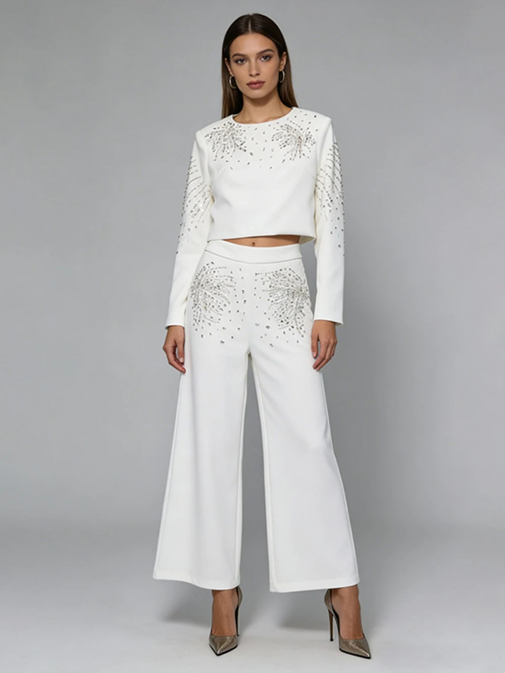 European And American Fashion Suit 2026 New Round Neck Long Ssleeved Diamond Studded Top+stylish Micro Flared Pants