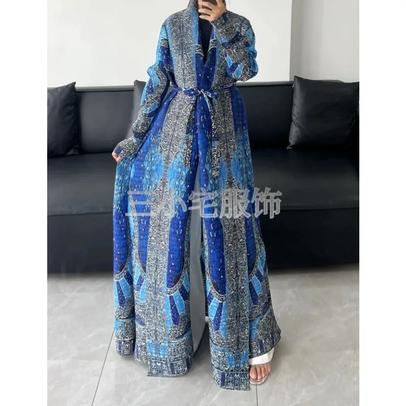 Muslim Abaya Women\'s Cardigan Dress with Blue Printed Robe for Eid Al Fitr, Ramadan Dubai Long Sleeved Lapel Cardigan Belt