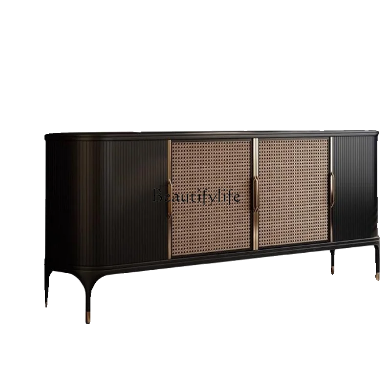 

New Chinese-style entrance cabinet Solid wood retro rattan dining side cabinet Living room