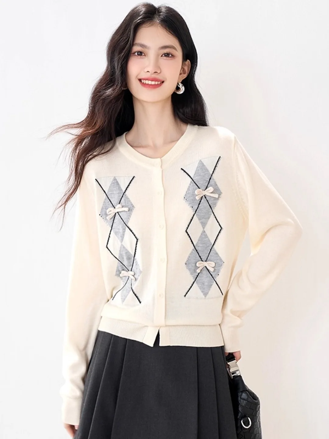 

Модный вязаный свитер с длинными рукавами для женщин, весенне-осенний, зимний, молодежный, базовый слой, открытый кардиган, топ с ромбовидным узором