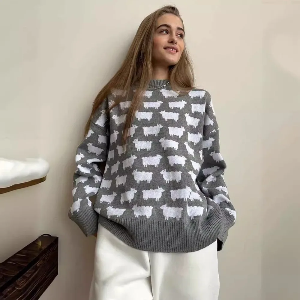 Original Alpaca Printed Knit Sweater Autumn and Winter Women\'s Retro Loose Casual Long Sleeved O-neck Core Spun Yarn Sweater