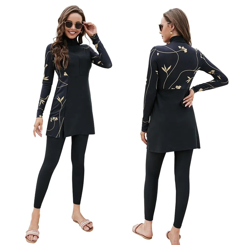 Women's Modest Swimsuit Long Sleeve Bathing Suit Rash Guard Surfing Beachwear 2 Piece Islamic Burkini Muslim Swimwear