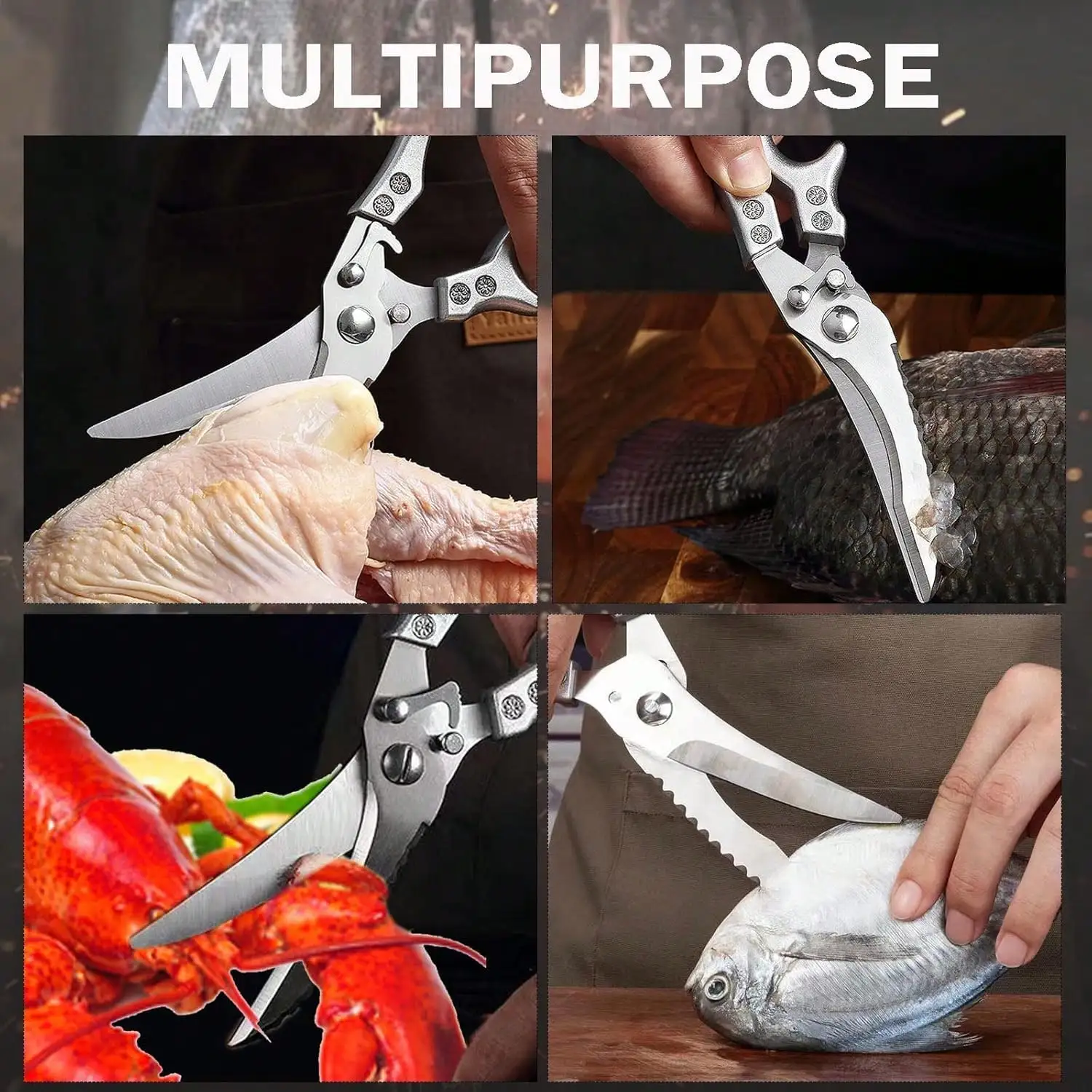 Poultry Shears, Heavy Duty Kitchen Scissors With Spring Loaded & Serrated Edge, Ultra Sharp Multipurpose Stainless Steel Kitchen Shears For Cutting Chicken, Fish, Bone, Meat (Silver)