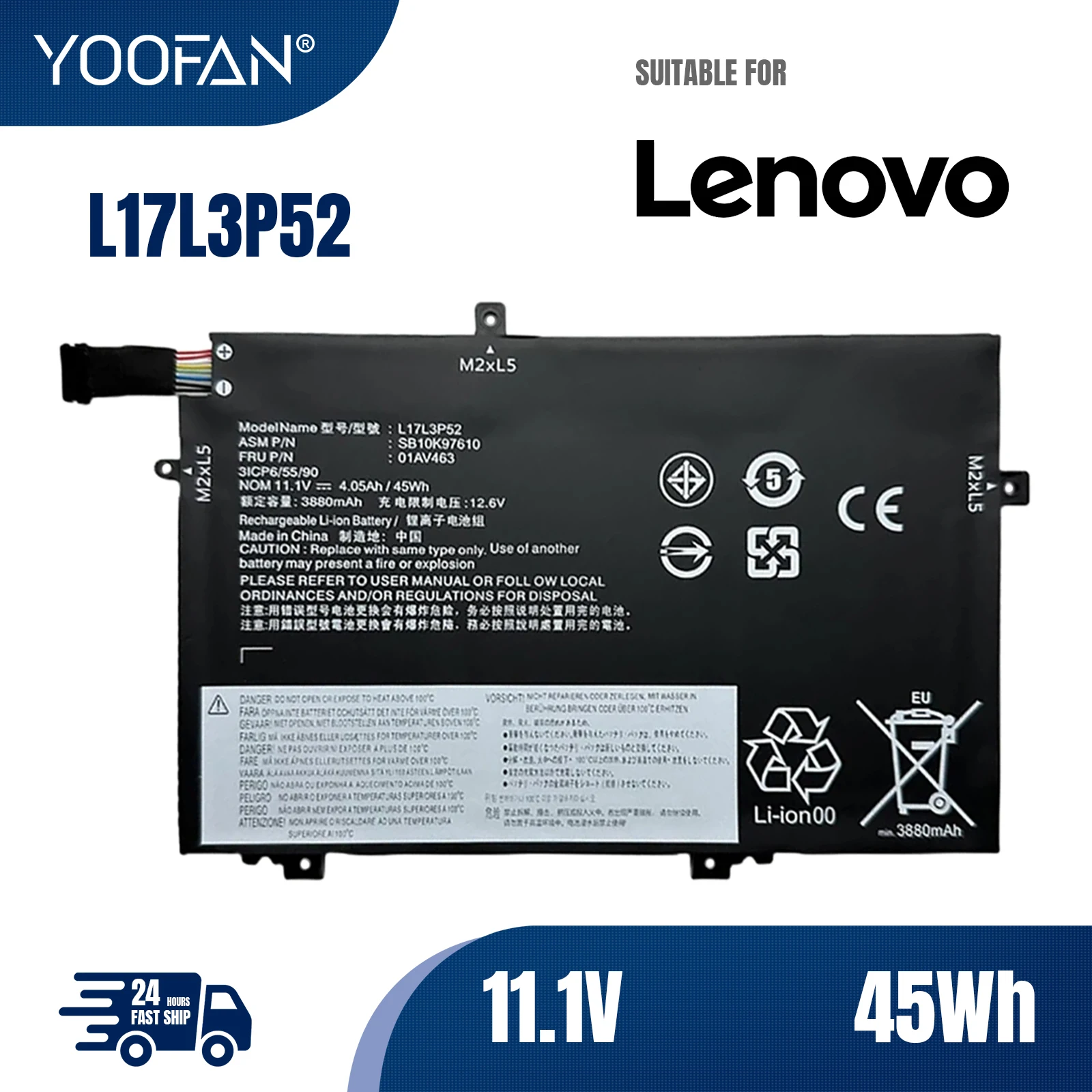 

YOOFAN new L17L3P52 11.1V 45WH Battery For Lenovo ThinkPad L470 L480 E480 E580 L580 L590 Series L17C3P52 01AV466 01AV463