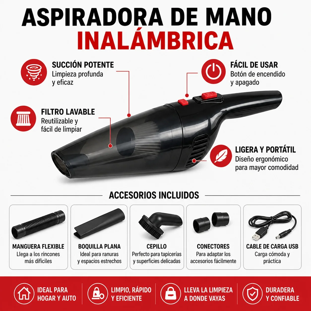 Aspiradora de Mano Inalámbrica para Coche y Hogar, Succión Potente de 6000PA, Diseño Portátil Recargable mediante USB con Filtro Lavable y Kit de Accesorios de Limpieza Profunda