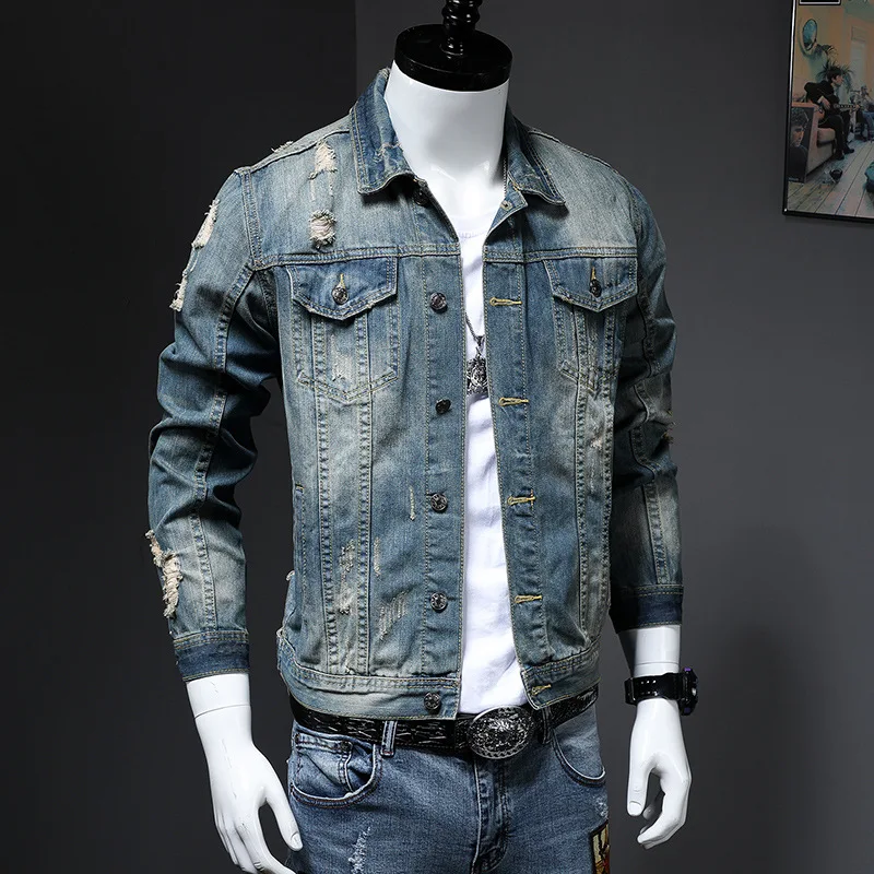 Trendy Mens Jacket Autumn and Winter Torn Holes Nostalgic Fashion Casual Denim Jacket for Men