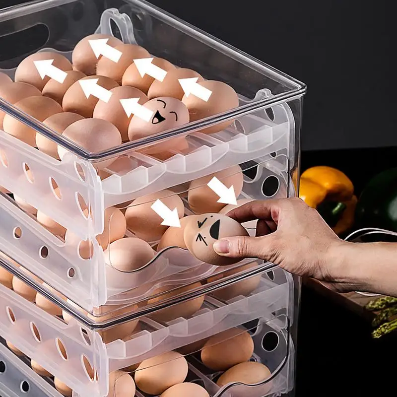 Egg Dispenser For Refrigerator Roll Down 2 Tier Egg Rack For Refrigerator Fridge Egg Organizer Space-Saving Egg Tray Transparent