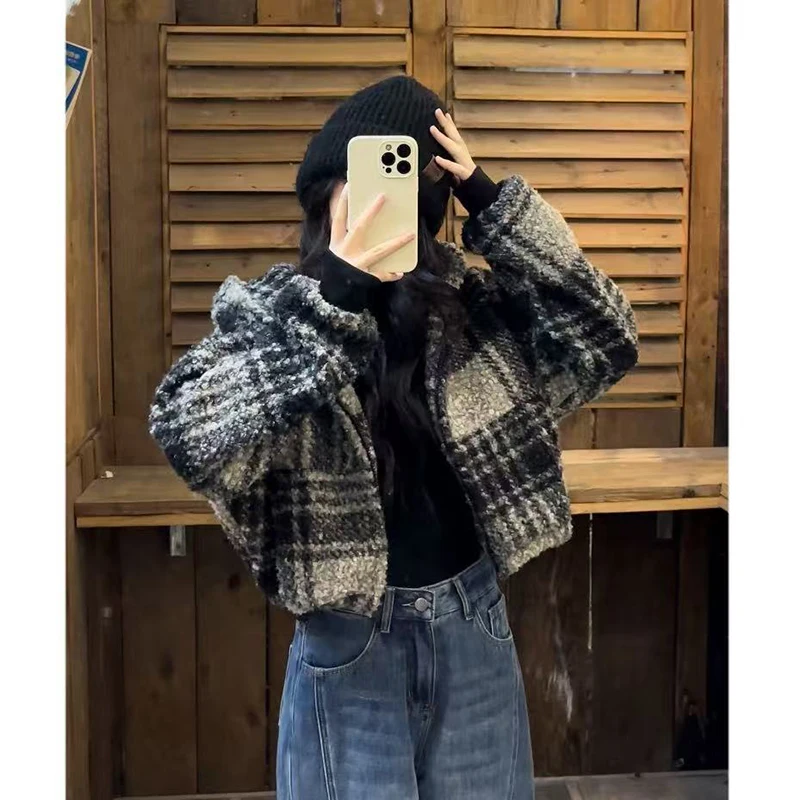 Vintage Plaid Hooded Jacket Women Streetwear Thick Warm Loose Cropped Coats Fall Winter Retro Casual Female Zipper Outwear Tops