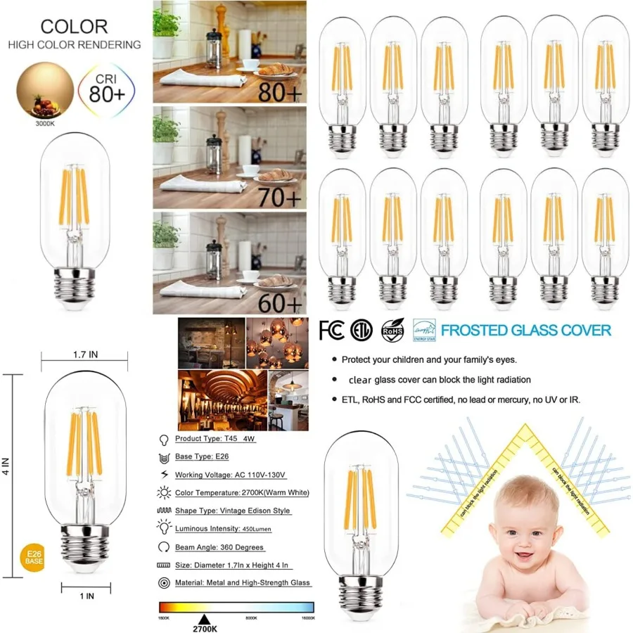 E26 LED Light Bulb 4W, Equivalent 40W, E26 Tubular Light Bulb Non Dimmable 2700K, Antique Clear Edison Filament Bulb, Pack of 1