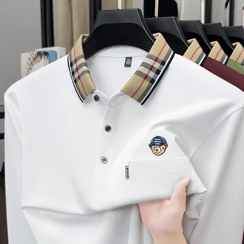 Men's Long Sleeve Polo Shirt Check Collar Teddy Bear Embroidery Pocket Button Casual Business Autumn Spring Polo Tops Men Top