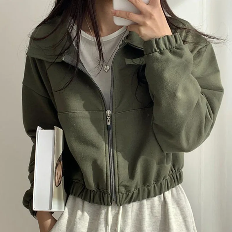 Women Sweatshirts 2024 Spring Autumn Solid Color Zip Up Coats Oversized Hoodies Korean Fashion Female Long Sleeve Lapel Jackets