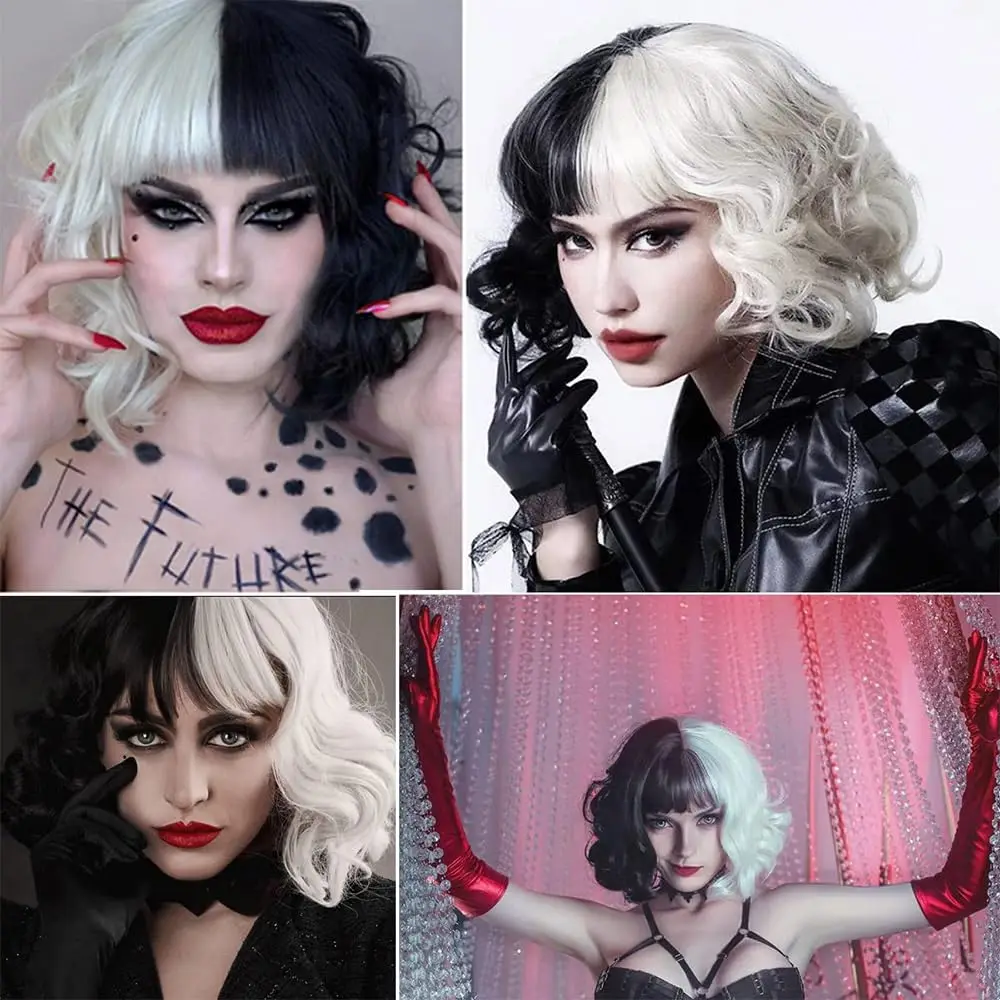 أبيض وأسود ثنائي اللون شعر مستعار ساحرة قصيرة مجعد موجات مع الانفجارات المستقيمة بوب نمط مقاومة للحرارة الألياف الاصطناعية شعر مستعار للحفلات