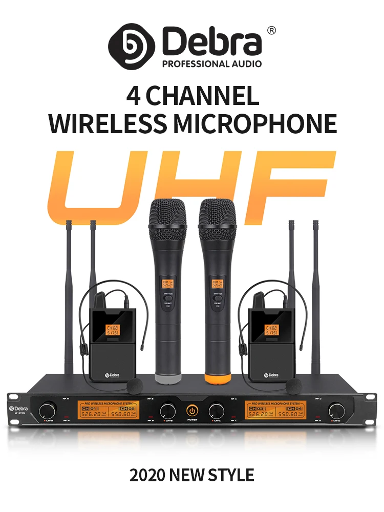 Debra D-240 Audio 4-kanałowy bezprzewodowy system mikrofonowy UHF z mikrofonami ręcznymi, nagłownymi i krawatowymi do karaoke i prezentacji — zdjęcie produktu 7