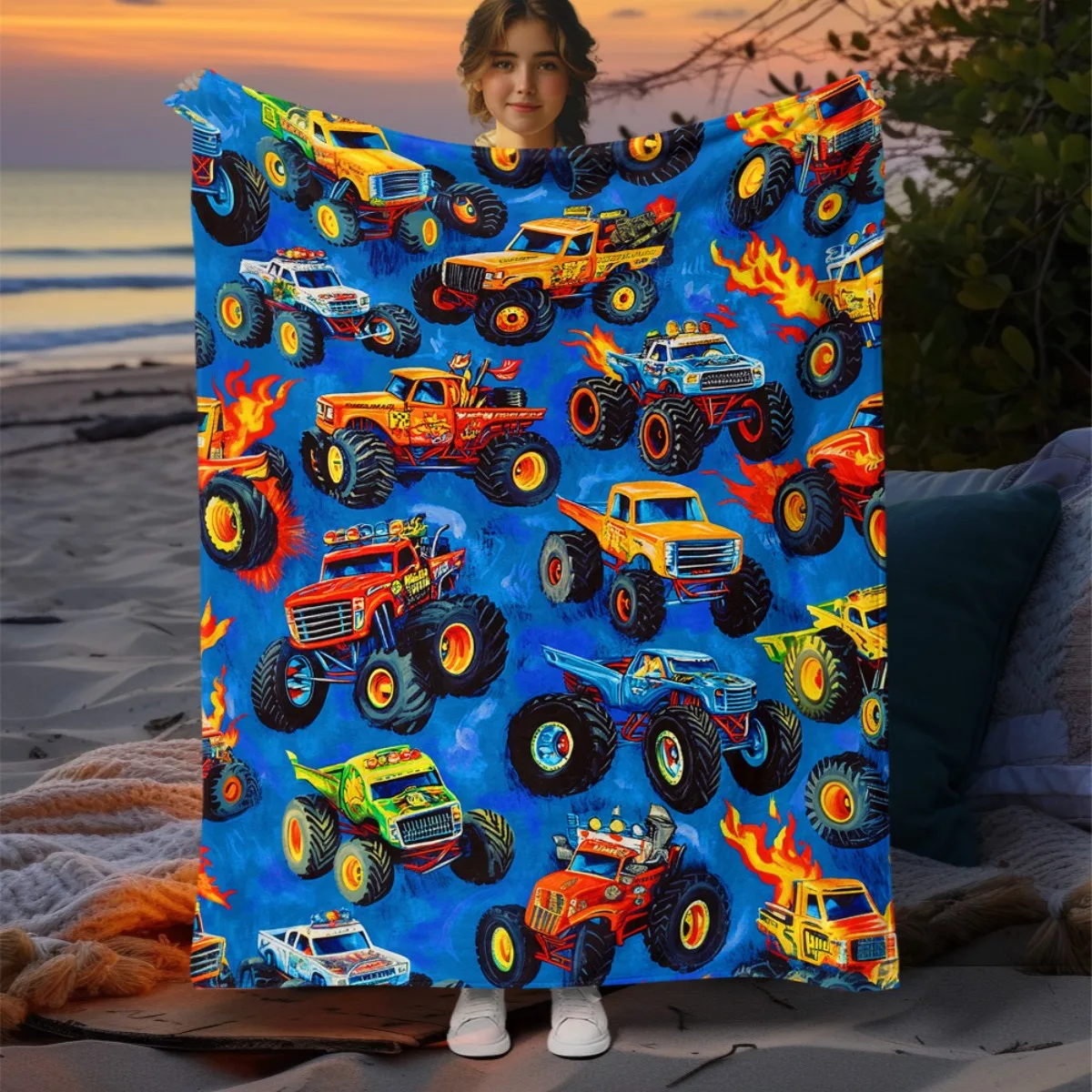 Vivid Offroad Monster Truck Mania Throw Blanket for Boys Girls Kids Cool Car Racing Decor