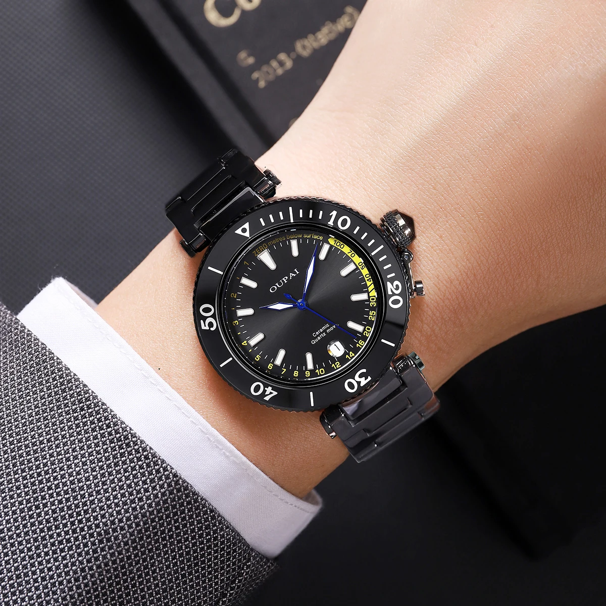 Oupai круглые черные керамические кварцевые часы с перемещением, простые и спортивные часы, мужские наручные часы с календарем, водонепроницаемые, светящиеся