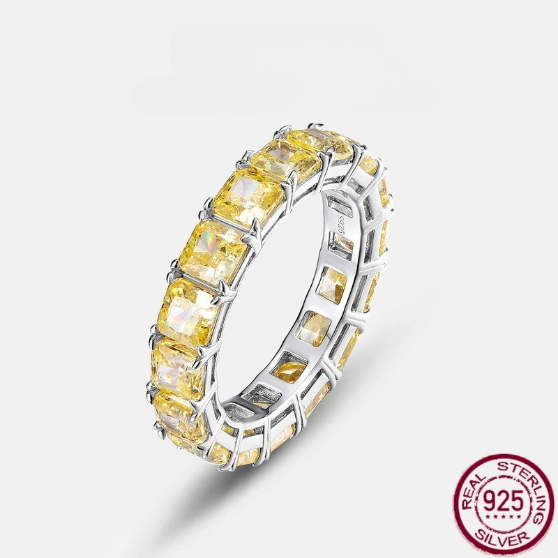 

New S925 Pure Silver Ring Luxury Row Ring Fat Square Goose Yellow High Carbon Diamond Simple Ring Wedding Jewelry