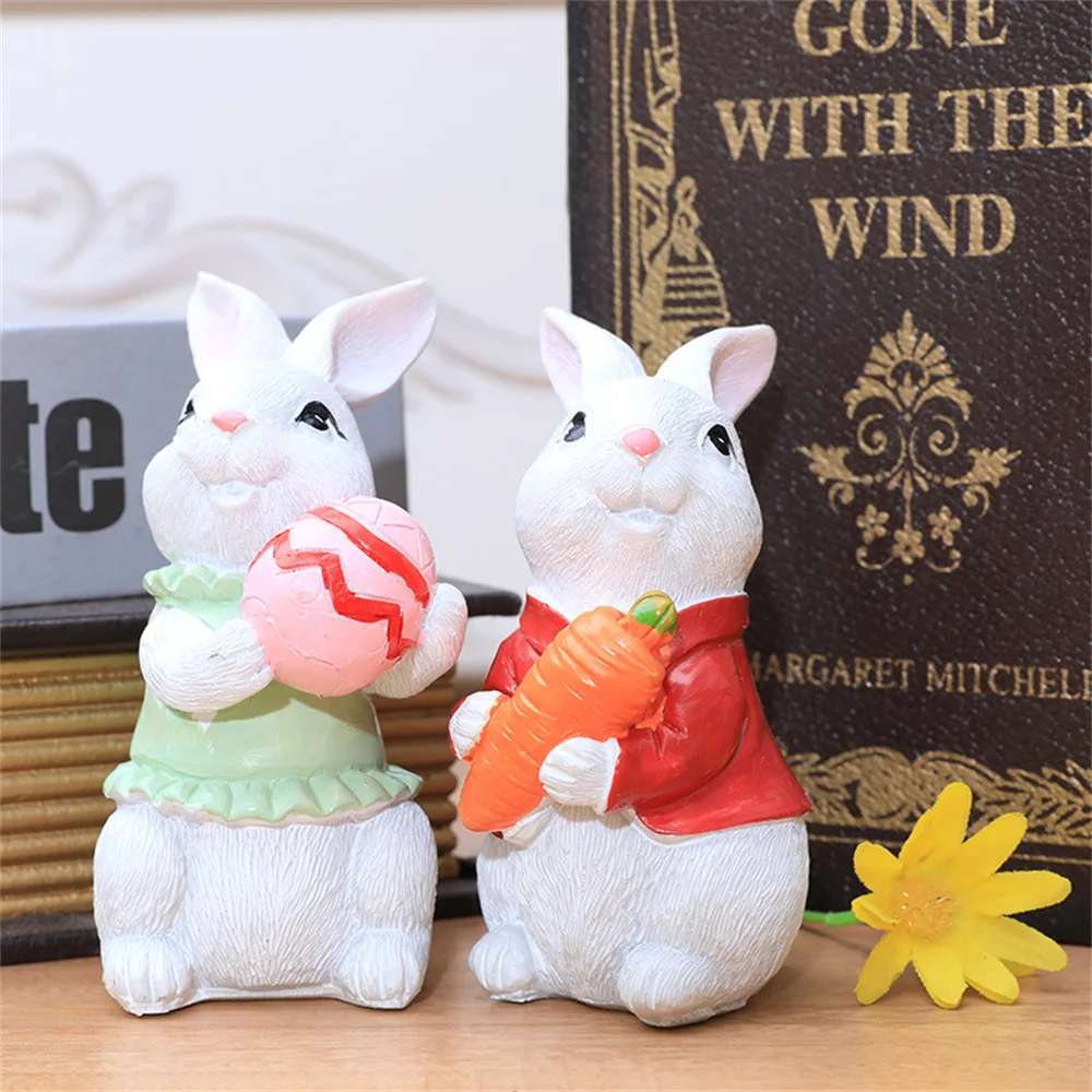 2 pcs Easter Bunny Resin Crafts Rabbit Doll Decor Desktop Decoration Rabbit Hug Carrot Figurine Garden Decorations Easter Statue