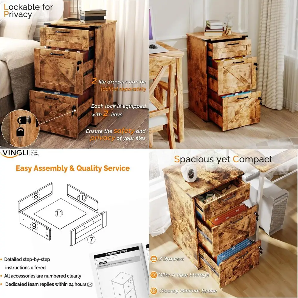 

Letter-Size Lockable 3-Drawer File Cabinet, Modern Farmhouse Design, Rustic Brown for Home Office Organization