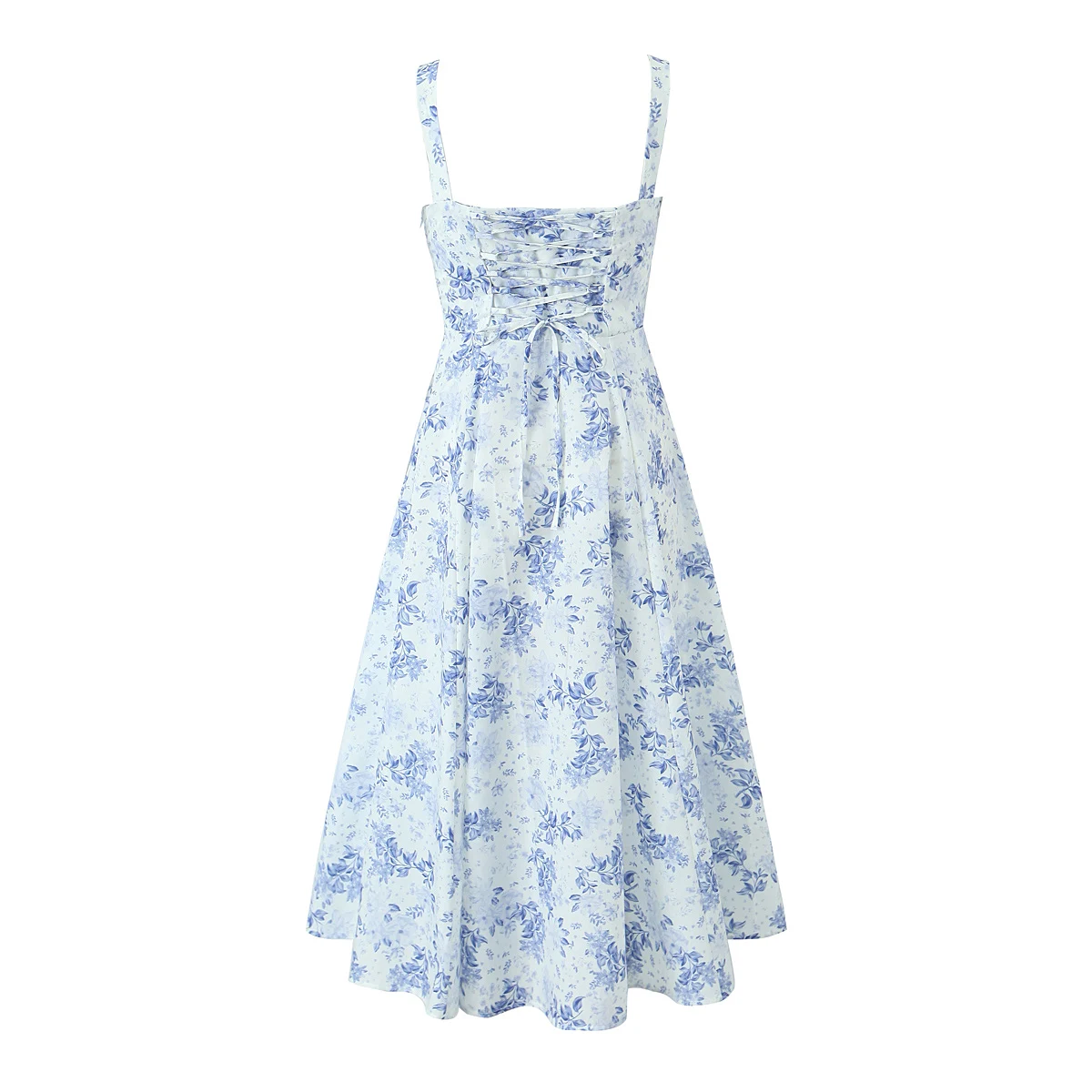 2023 Sexy Ruched Chest Blue White Flower Print Corset Style Sling Dress Cross Lacing up Bandage Back Hem Slit A-Lined Midi Robe