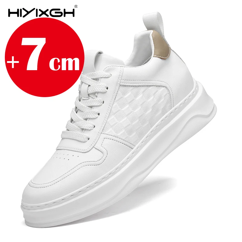 New White Couple's Casual Platform 7cm Height Increase Sneakers Lightweight Thick Sole Youthful & Stylish Elevator Leather Shoes