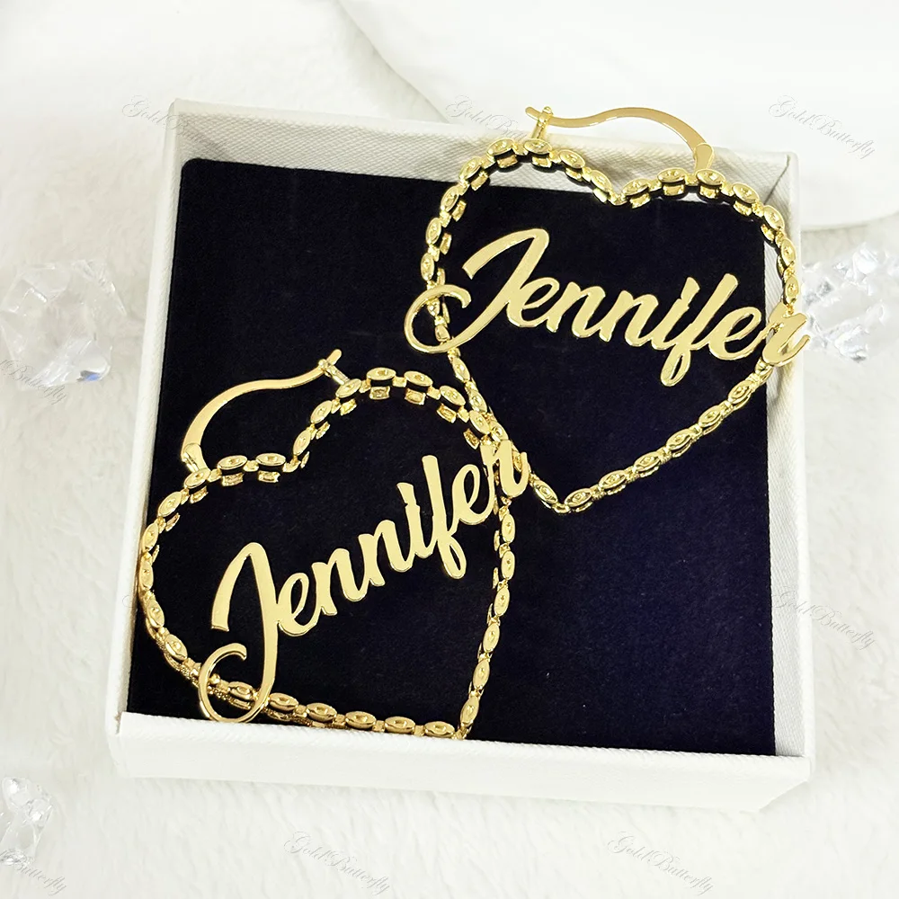 Custom Name Heart Hoop Earrings Personalized Gold Plated Watch Chain Link Design Statement Jewelry Gift for Women Birthday