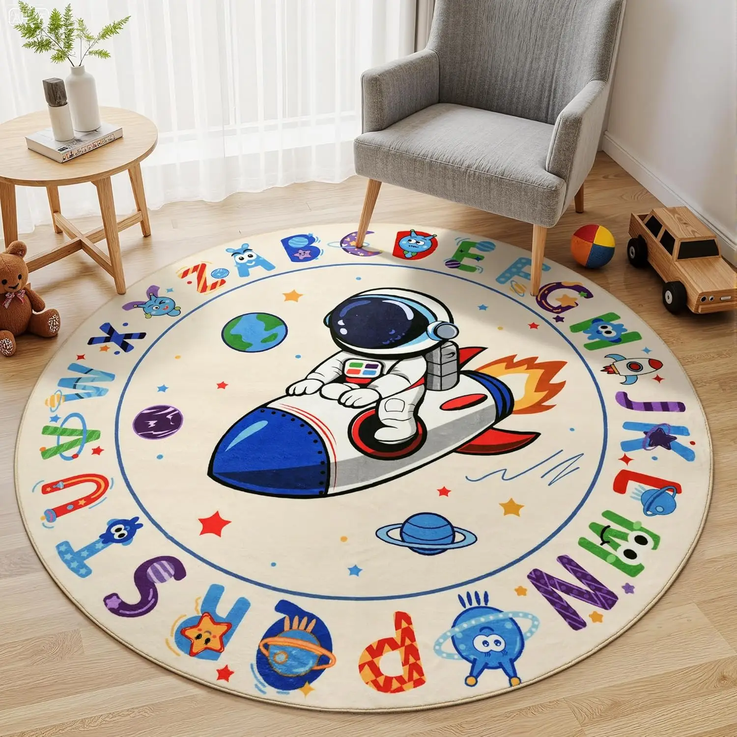 ABC Kids Alphabet Round Rug Washable Soft  Nursery Rug,Non-Slip Educational Carpet with Space Astronaut Design for Classroom