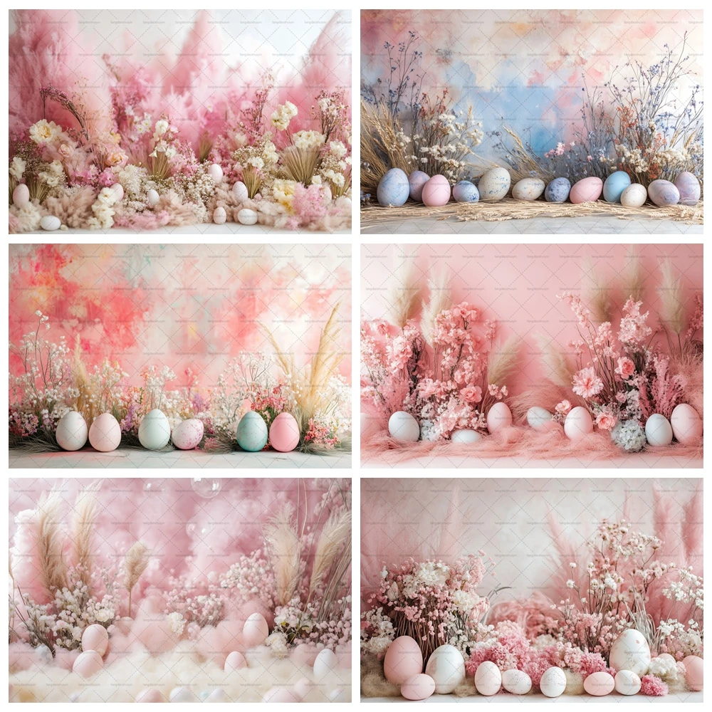 

Spring Easter Pink Bohemian Pampas Grass Photography Backdrop Newborn Birthday Party Spring Eggs Trash Wall Decorative Props