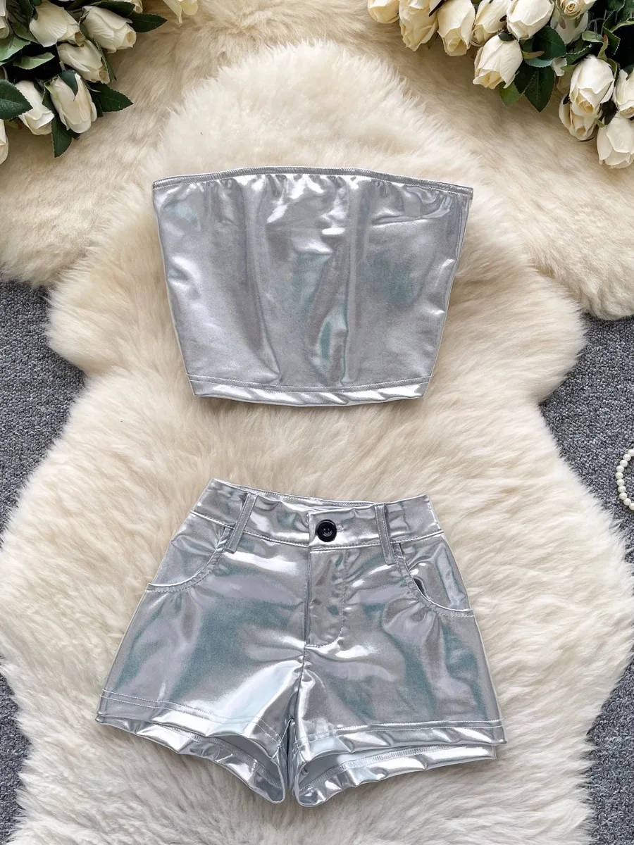 

Foamlina Fashion Girl's Y2K Street Shorts Suit Women's Summer Metal Tube Top + High Waist and Thin Short Pants 2 Piece Set