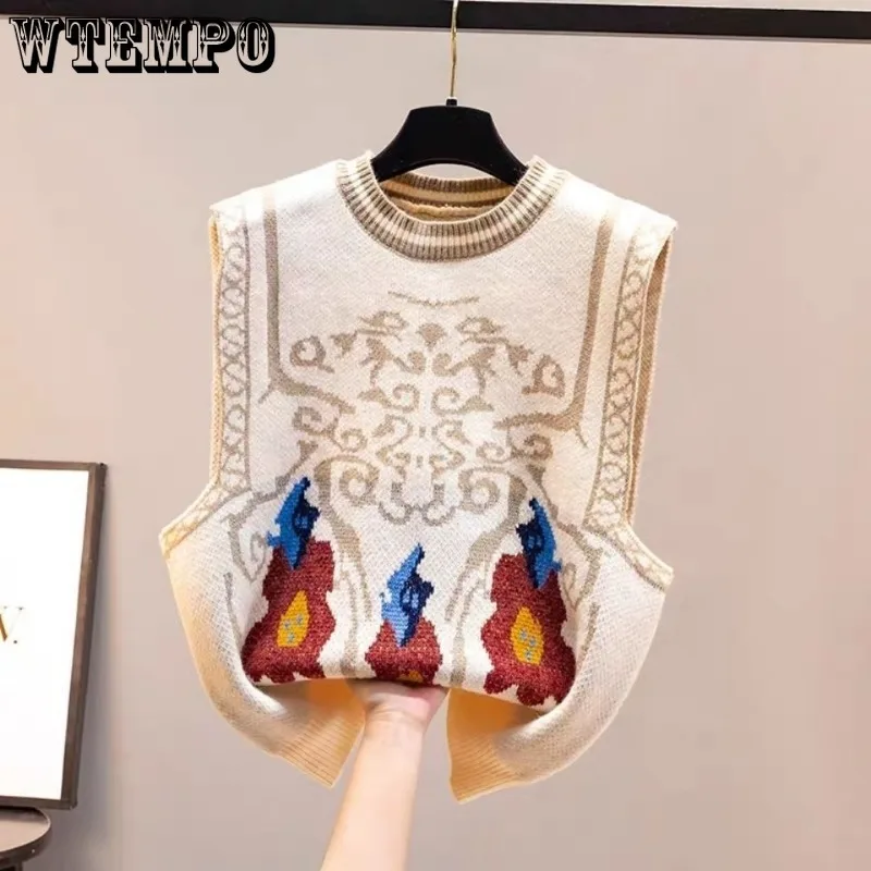 WTEMPO Women Vintage Totem Flower Pattern Sleeveless Knitted Vest Sweater Female Retro National Style Casual Autumn WaistCoat