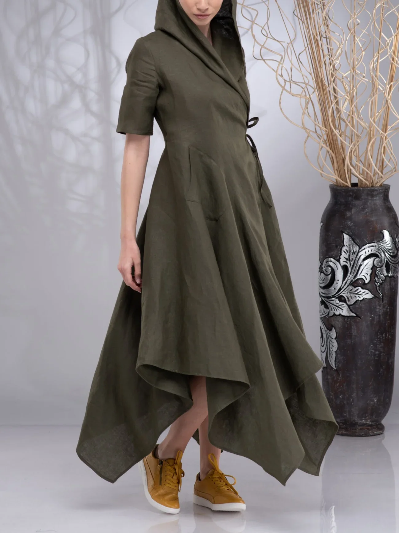 

Plus Size Dress for Women Half Sleeve Hooded Pleated A-Line Asymmetric Hem Vintage Ethnic Indie Folk Casual Autumn Lace Up Dress