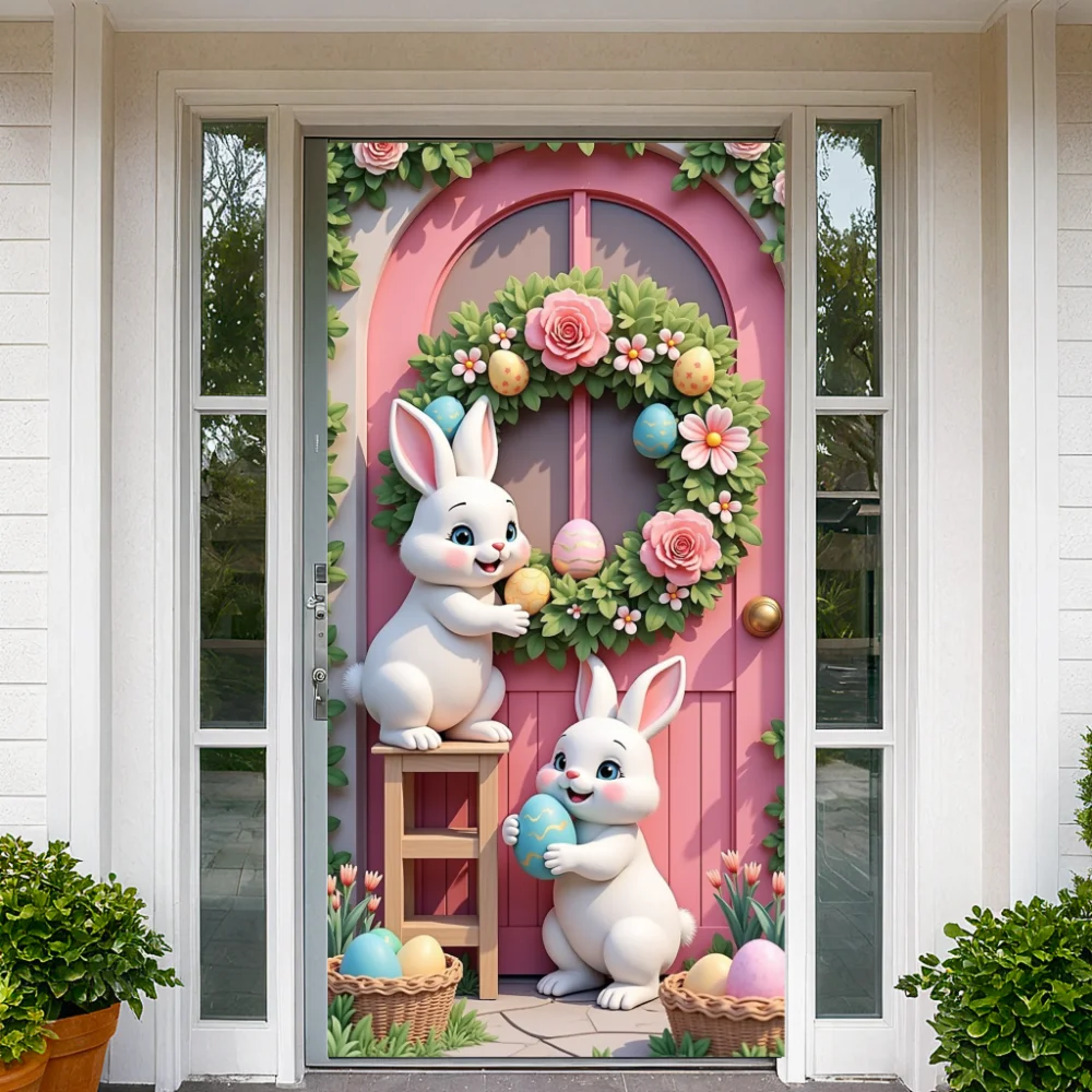 Decoración de Pascua, cubierta de puerta con tema de conejito, forro rosa para puerta, corona de primavera de fantasía, huevos de flores, fiesta, decoraciones para jardín al aire libre Diy